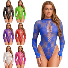 DE iEFiEL Sexy Damen Fishnet Body Langarm Rollkragen Top Oberteil High Cut Slip 