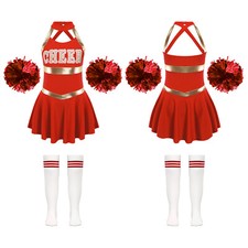 Mädchen Cheerleading Uniform Kinder Cheer Leader Kostüm mit Pompoms Tanzkleider