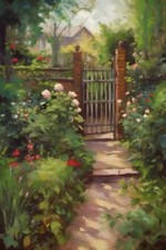 Wandbild: Holztor im Garten. Aquarellmalerei-Stil. (209728962)