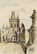 Stadtansicht Prag, Karlsbrücke,  1971, Feder Moderne Unbekannt (20.Jhd)