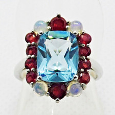 Sky Blautopas Feuer-Opal Rubin Ring 925 Silber 585 Weißgold vergoldet 18,1 mm 57