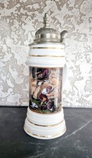 Bierkrug mit Zinndeckel • Porzellan • Jagdmotiv Bauernmotiv • Goldrand • Vintage