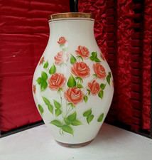 antike alte große Vase Glasvase Opalglas mit Rosendekor H 30cm 2,2kg Goldrand