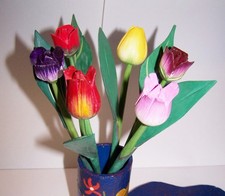 6 Deko Blumen Tulpe, Rose- B- WARE Kunstblumen Blumenstrauß Holz Handarbeit Bali