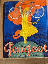 Blechschild Peugeot Paris France Fahrrad mit Dame in gelb 20 x 15 cm