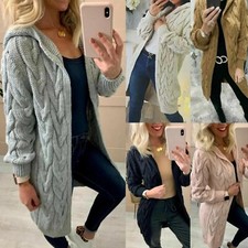 Damen-Cardigan klobig mit Kabel gestrickt übergroß Longline mit Kapuze Umhang Oberteil