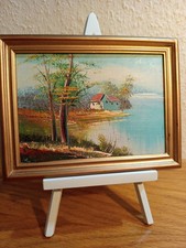 Small Oil Painting Mountain Lake Landscape, Wall Art Picture, Vintage 1980+-