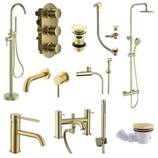 Modernes rundes Badezimmer-Waschbecken, Badewannenarmaturen & Thermostat-Duschsets aus gebürstetem Messing