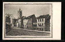 Ansichtskarte Darmstadt, Häusergruppe in der Pädagogstraße mit Stadtkirche 