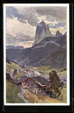 Künstler-AK Edward Harrison Compton: St. Ulrich in Gröden, Ortsansicht gegen La 