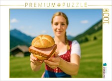 CALVENDO Puzzle Frau im Dirndl mit frischer Leberkässemmel | 1000 Teile Lege-Grö