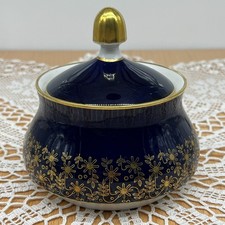 Vintage echt Weimar Kolabt Blau Zuckerdose mit Deckel & Vergoldung 6,5cm x 9cm