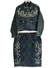 Vintage Denim Western Rock Anzug Jacke Western bestickt Blumen Nieten Gr. M 