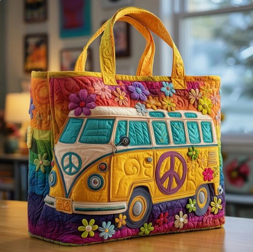Retro hippie van quilted tote - retro,