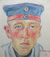 Zeichnung Buntstift Portrait eines Soldaten mit Feldmütze 1. Weltkrieg Militär