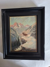 Altes Ölbild: Hirsch im Gebirge, gerahmt