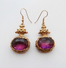 Brandneu Vintage 1980er Antik Gold Metall Viktorianischer Stil Lila Edelstein Draht Ohrringe