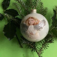 "Engel " handbemalte Kugel Glas ,  80 mm, weiß glänzend