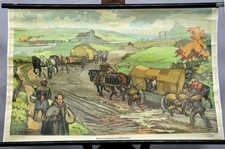 Schulwandkarte vintage Poster Rollbild Landstrasse Transport Mittelalter Pferde