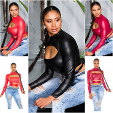 SeXy Koucla Wetlook Crop Top Bauchfrei zum Binden Langarm Einblick Glänzend XS/S