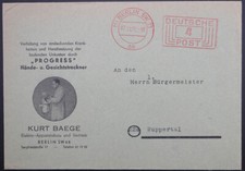 Berlin; "BERLIN SW 11 ab", 4 Pf. Postfreistpl. DS  "KURT BAEGE" 1952, Wuppertal