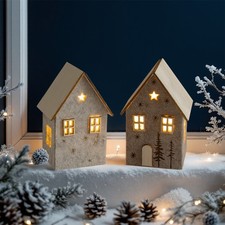 LED Winter Haus warm weiß 2er Set - 10x6 cm - Weihnachten Advent Deko Aufsteller