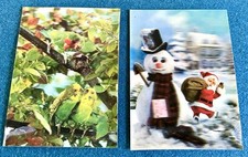 2 Wackelkarten Hologramm 3 D Postkarte Papagei Wellensittich Schneemann 60erJahr