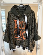 Italy Damen Sweatshirt Hoodie Oversize Leoprint 34-44 Khaki