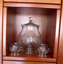 Bowle Service Set für 6 Personen geschliffenes Glas Weinrebenmotiv Vintage