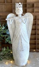 Shabby Großer Engel mit Flöte, Metall Shabby Creme - Weiß - Gold, 39 cm