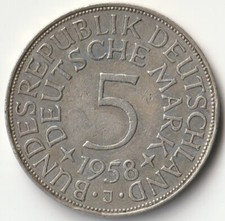 MDS BRD DEUTSCHLAND 5 DEUTSCHE MARK DM 1958 J "SILBERADLER", SILBER #PS