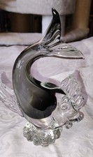 Murano Glasfisch 19cm Höhe grau-lila Klarglas 1960  534g auf Sockel