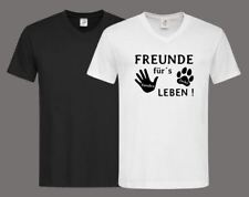T-Shirt Herren schwarz weiß V-Ausschnitt Druck Freunde fürs Leben Hund Geschenk