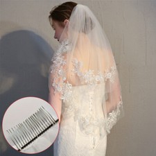 2-Tier Pailletten Blume Rand Kurze Braut Hochzeit Schleier mit Kamm↑