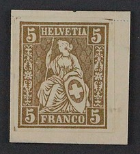 Schweiz  22 P, Sitzende Helvetia 5 Rp. PROBEDRUCK in GOLD auf Karton, SELTEN