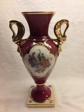 Lindner Kueps Bavaria Porzellan Vase Amphore Bordeaux Schwanenhalshenkel Gold