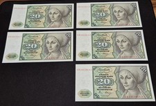 5 x 20 DM Scheine mit fortlaufenden Nummern 2. Januar 1980 Kassenfrisch