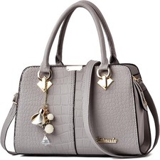 FOLOVEYA Handtasche für Damen PU Leder Schulter mit Anhänger grau a 