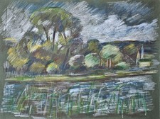 Sonja Wüsten Flusslandschaft Kirche Unikat Original Pastell 20. 21. Jahrhundert