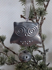 2 Christbaumkugeln--Metall Eule mit Glöckchen-silber/grau--Baumschmuck-ca.11 cm