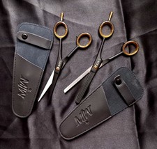 2 x Edelstahl-Haarschneideschere + Effilierschere im Set Gold Schwarz (Schere)