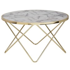 WOHNLING Design Couchtisch Marmor Optik Weiß Ø 85 cm Gold Wohnzimmertisch Rund