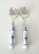 DDR Vintage ABS 700 Salatbesteck Porzellangriff Indisch Blau Strohblume