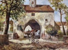 Ölgemälde Rudolf Faber (geb. 1908) Aufbruch zur Fuchsjagd 76x96cm