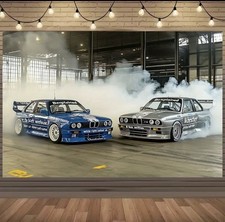 Polyester Banner 2D 180x130cm BMW M3 Blau Kult Rennen Oldie Werkstatt Gang 8875
