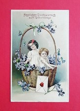 Prägedruck Glückwunsch AK GEBURTSTAG um 1906 Kinder im Blumenkorb   ( 38188