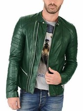 Echte Herren Grüne Lammlederjacke Echt Weiches Schafsleder Cafe Racer Mantel
