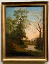 Ölgemälde Romantik Fluss Landschaft Abenddämmerung Mond 1. Hälfte 19. Jh. Rahmen