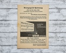 1953 Bezugsgeld Quittung Schwäbisch Donau Zeitung Udia Kino Werbung Vintage Deko