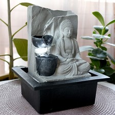 Zimmerbrunnen Tischbrunnen Kaskadenbrunnen Buddha LED Wasserspiel grau H 25,5cm